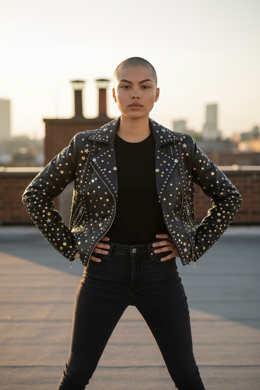 Biker piel con Remaches y tachuelas strass