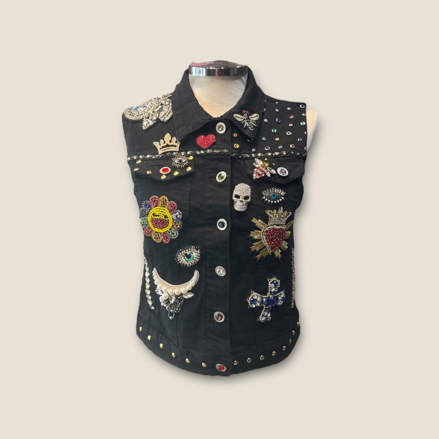 Chaleco negro calavera catrina y flores