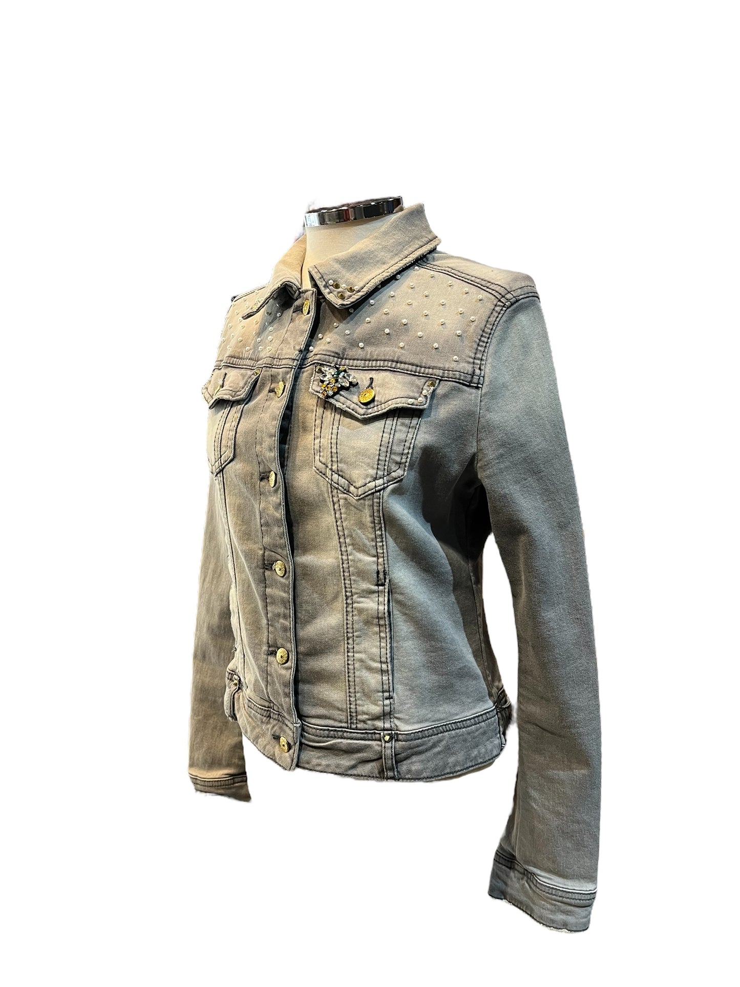 Chaqueta vaquera gris Frida con flores y pedreria