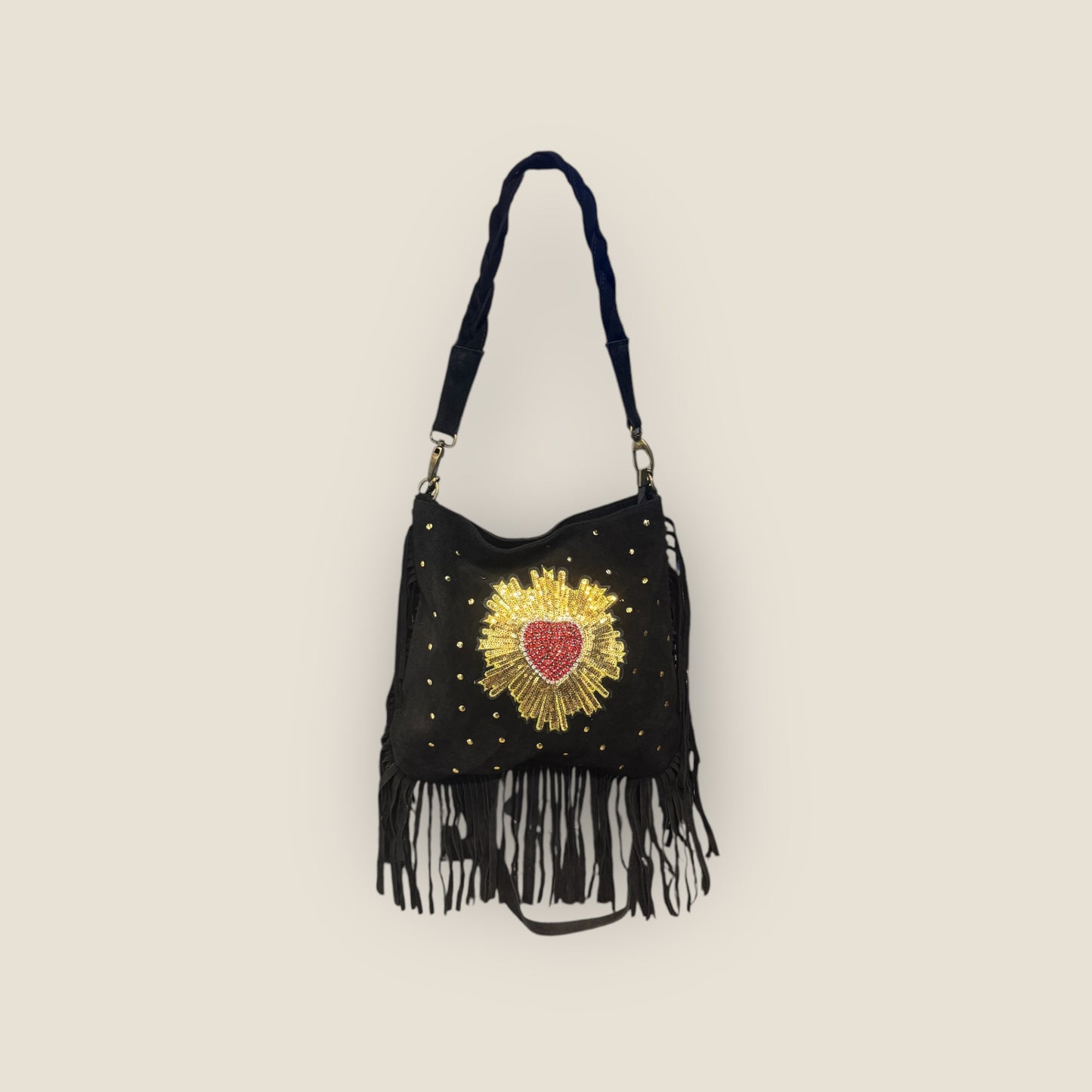 Bolso bandolera ante con flecos y corazón de pedreria