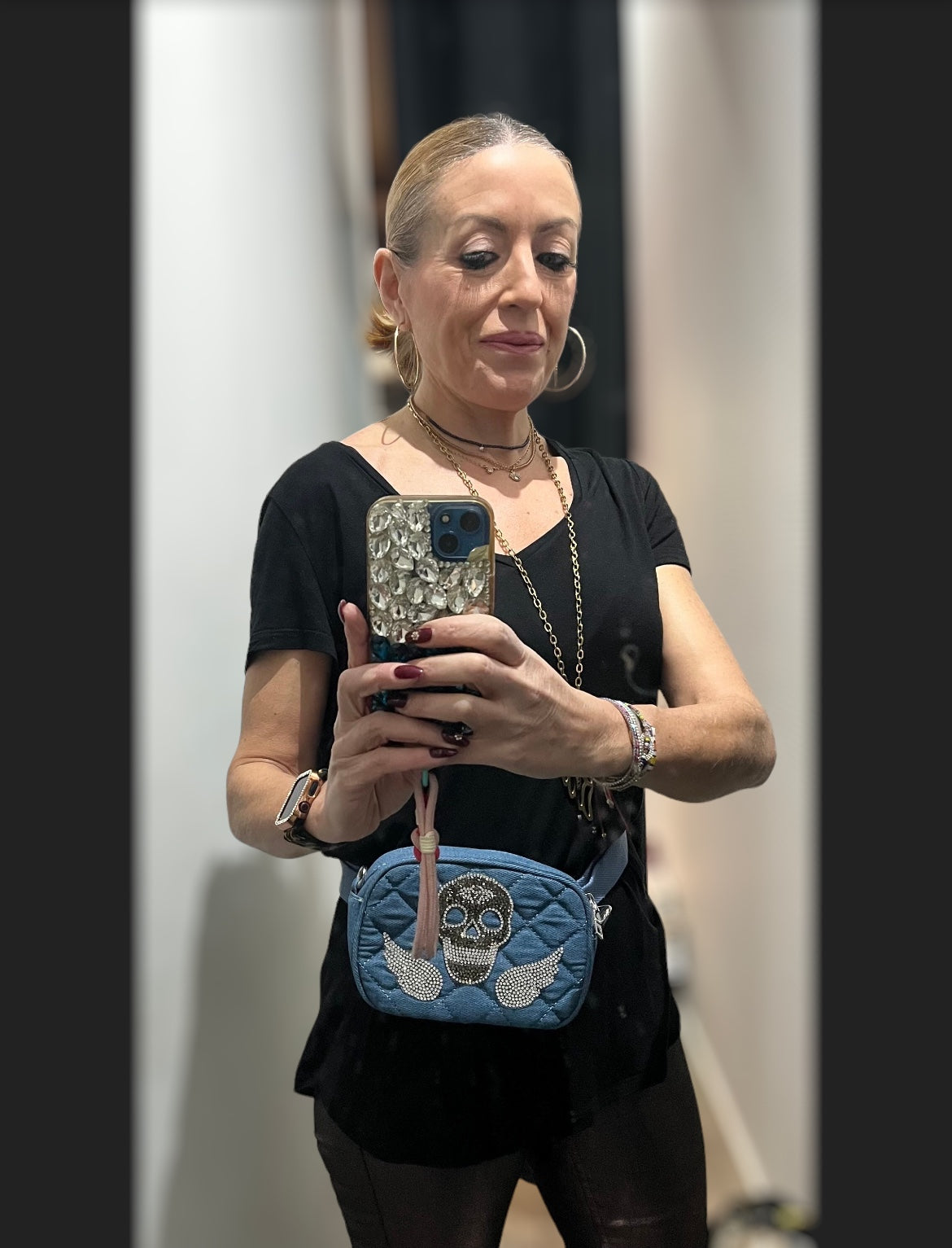 Bolso vaquero bandolera con calavera strass