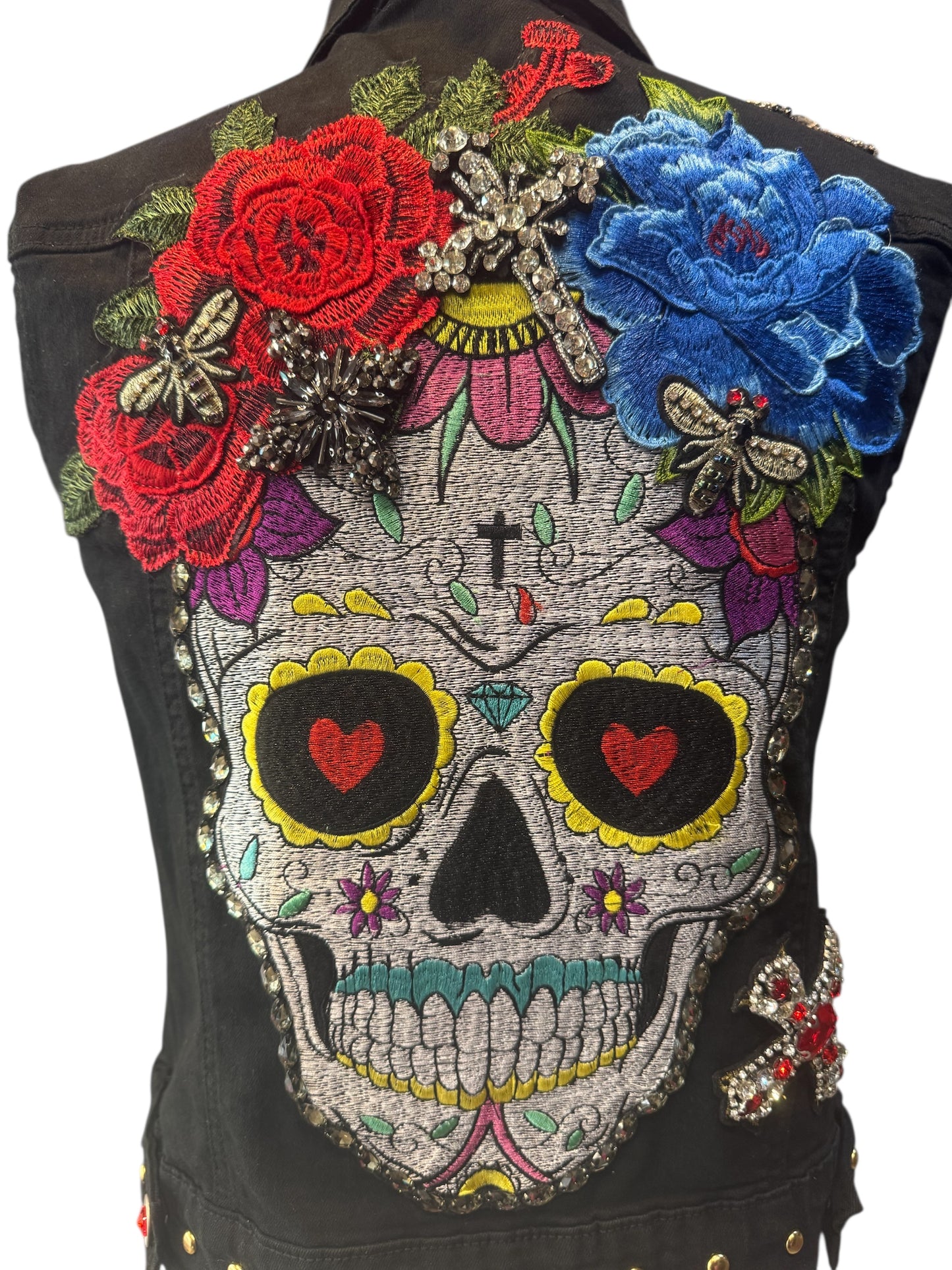 Chaleco negro calavera catrina y flores