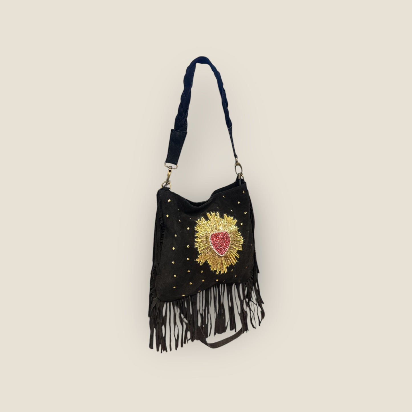 Bolso bandolera ante con flecos y corazón de pedreria