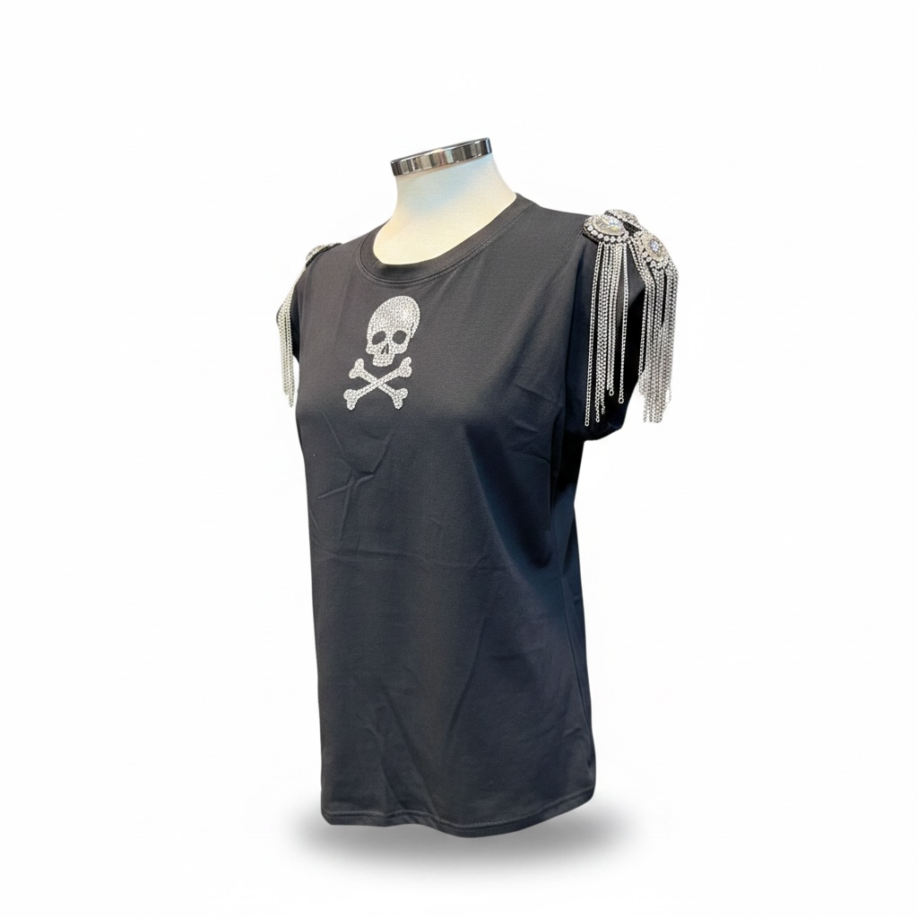 Camiseta hombreras pedrería y calavera strass