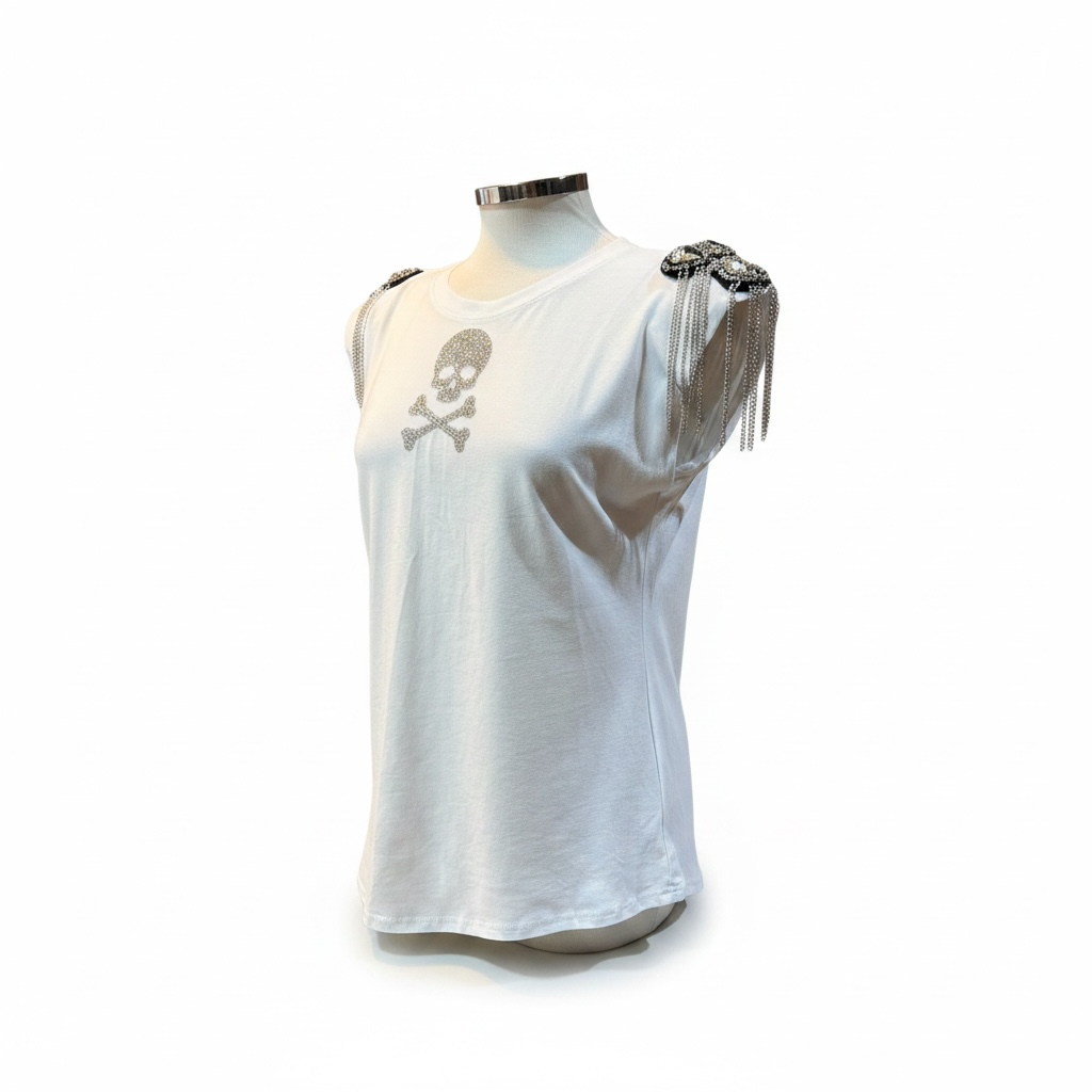Camiseta hombreras pedrería y calavera strass