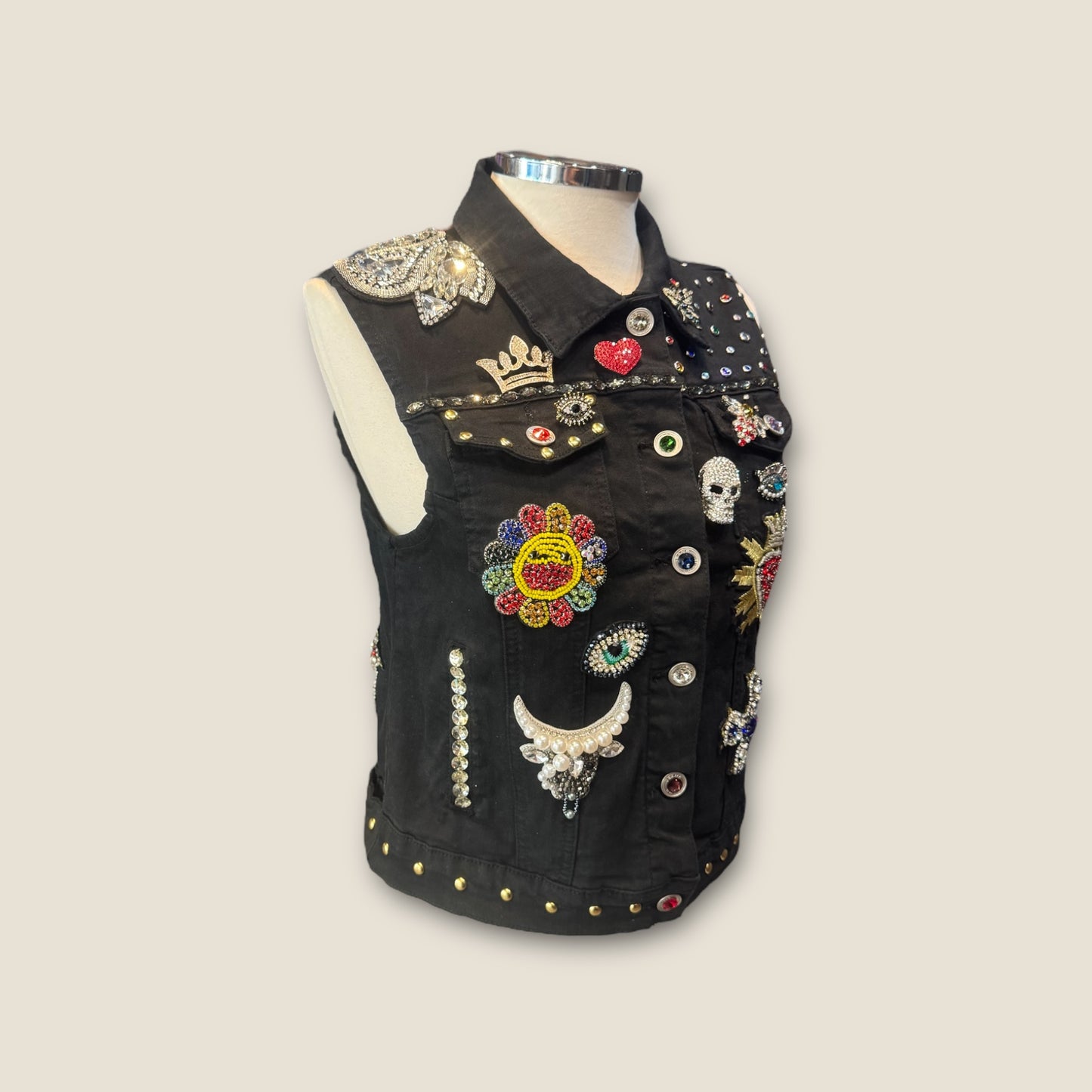 Chaleco negro calavera catrina y flores