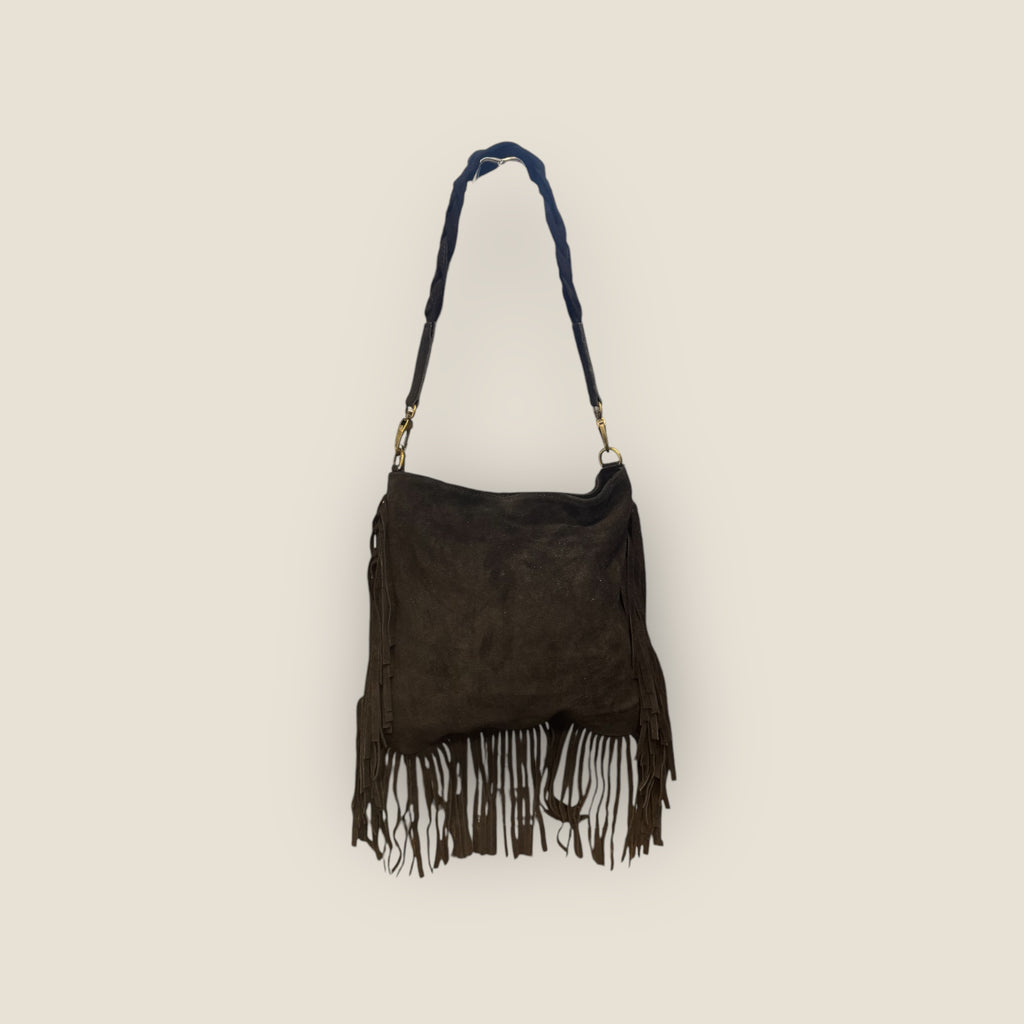 Bolso bandolera ante con flecos y corazón de pedreria