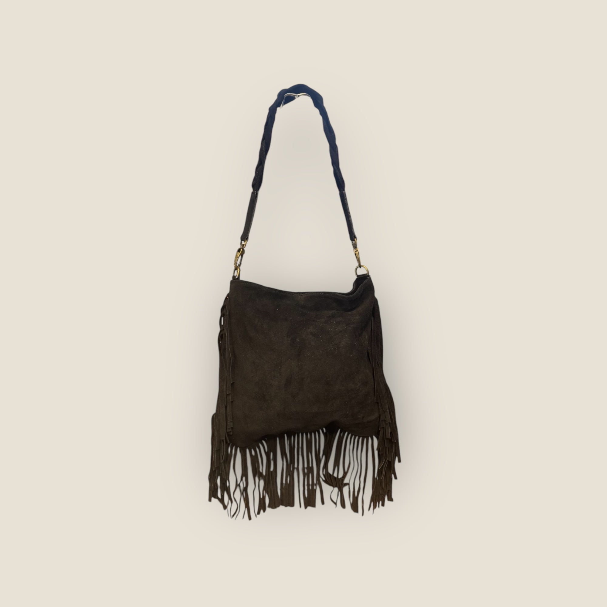 Bolso bandolera ante con flecos y corazón de pedreria