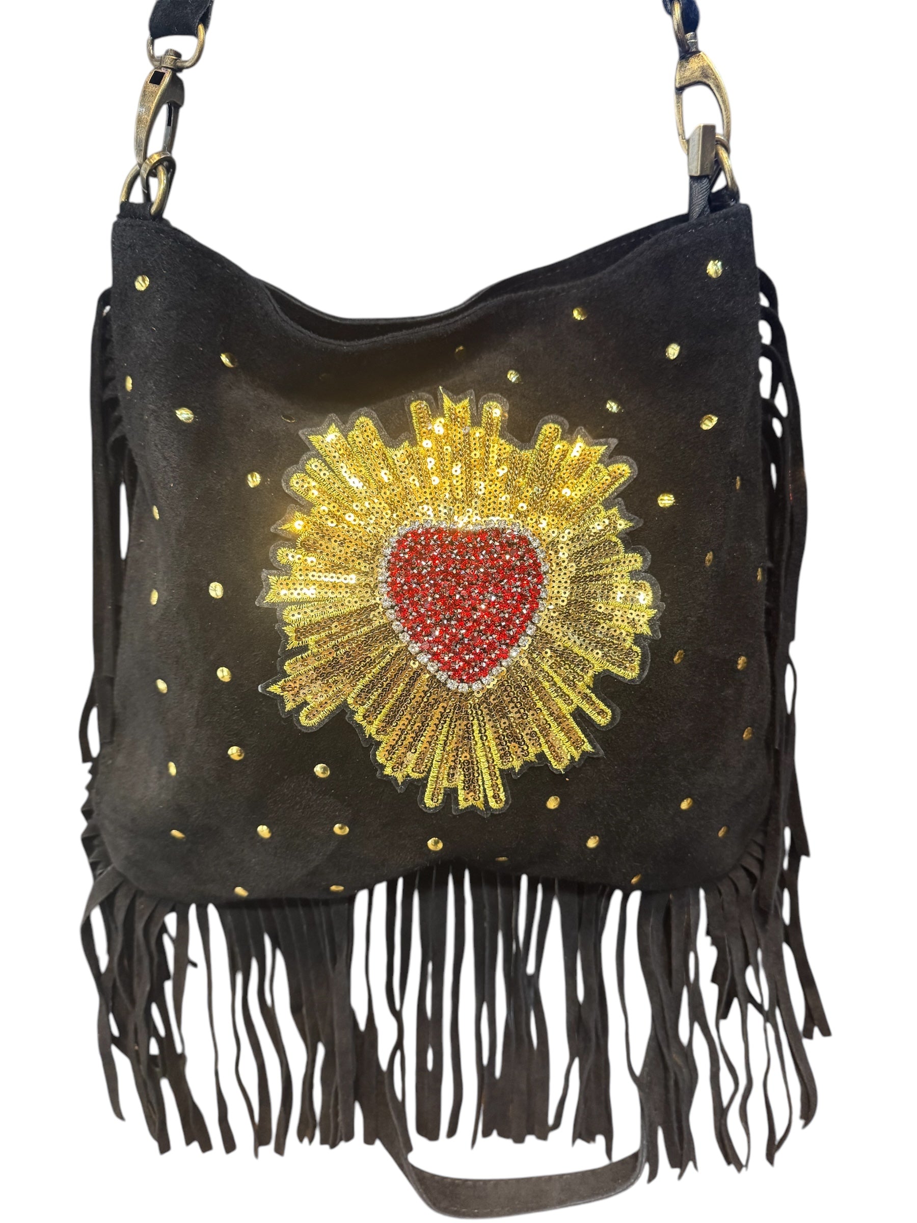 Bolso bandolera ante con flecos y corazón de pedreria