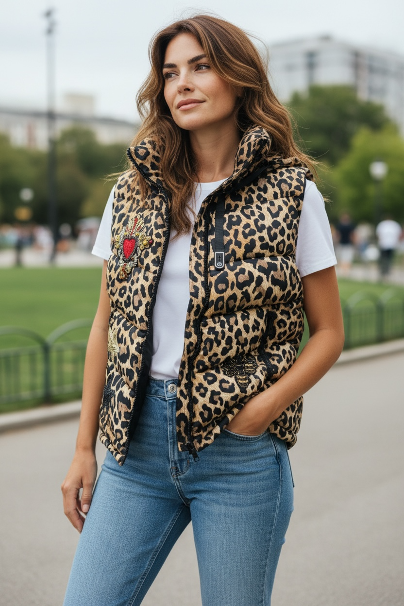 Chaleco acolchado animal print con parches