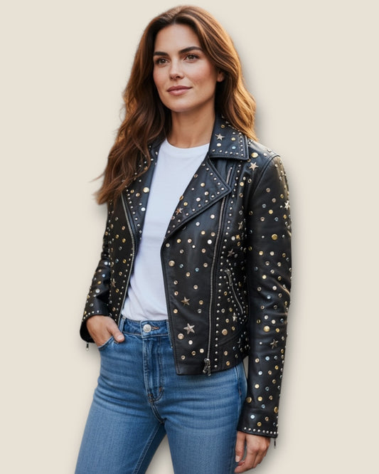 Biker piel con Remaches y tachuelas strass