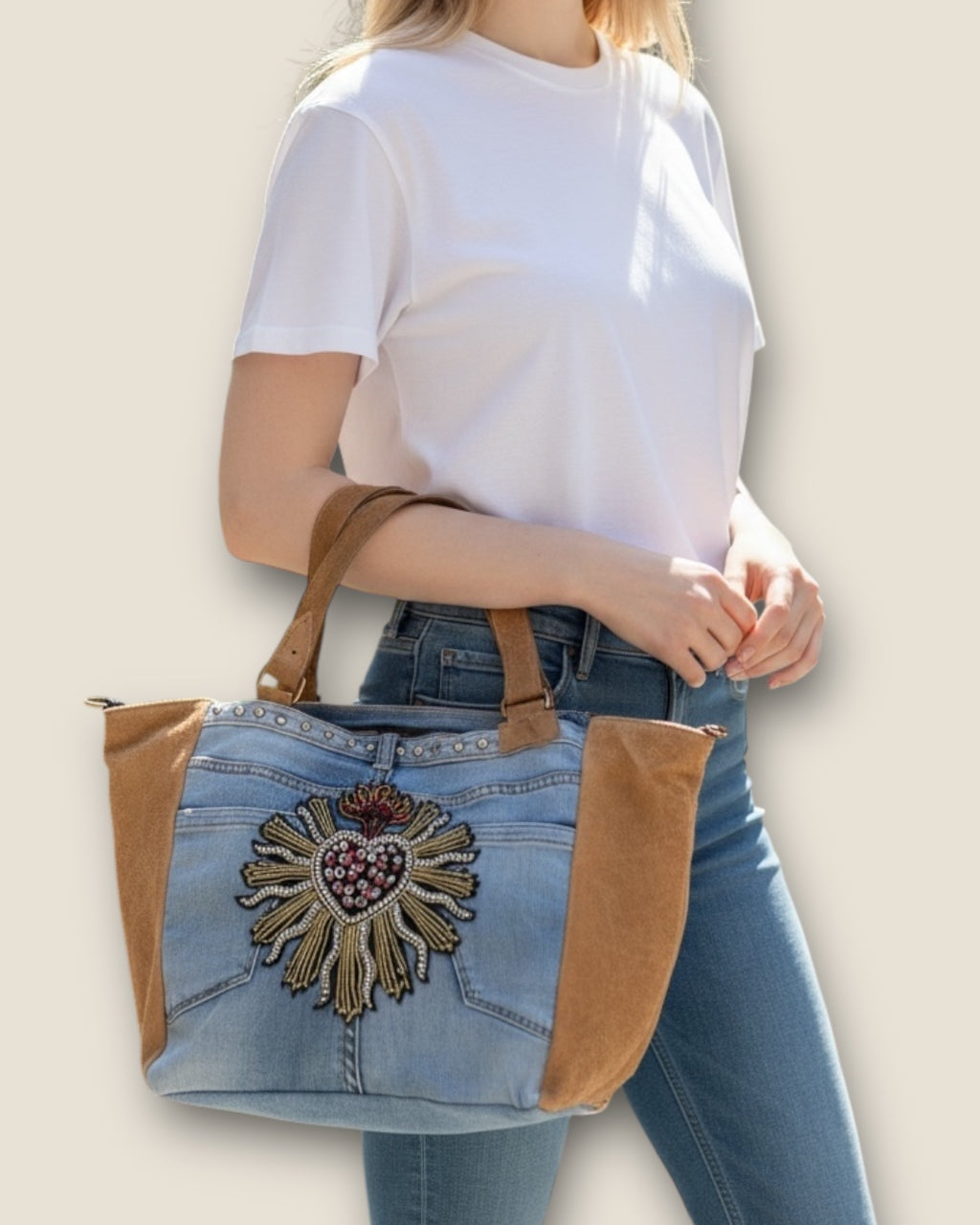 Bolso shopping vaquero con sagrado corazón