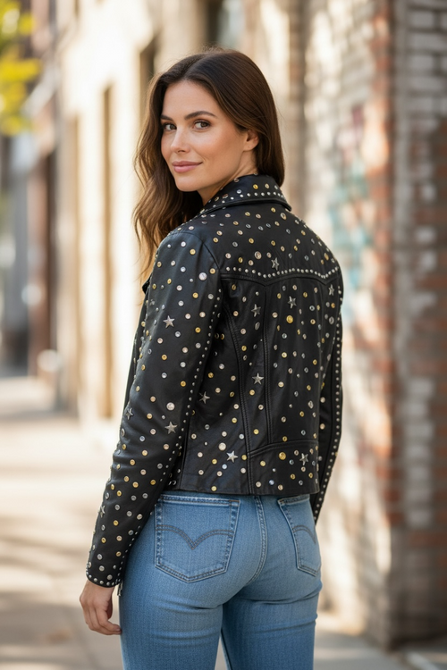 Biker piel con Remaches y tachuelas strass