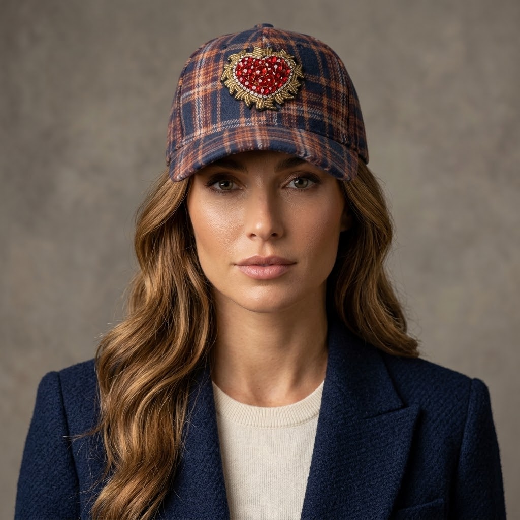 Gorra cuadros con Corazon de pedrería