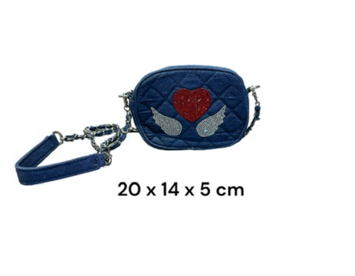 Bolso vaquero bandolera con corazon y alas strass
