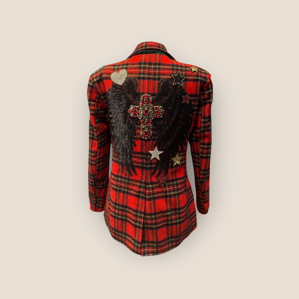 Chaqueta blazer escocesa con alas y cruz de pedrería
