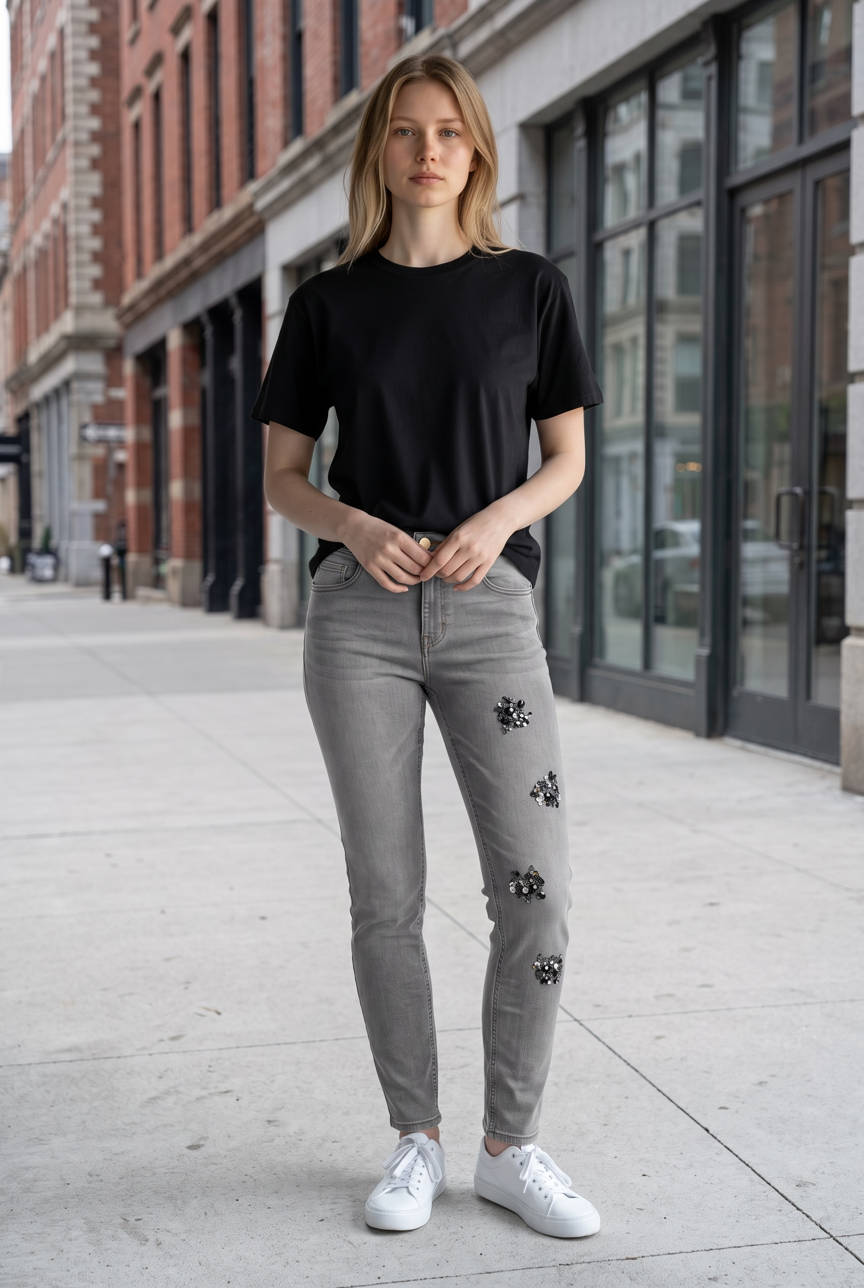 Pantalón vaquero gris pedrería