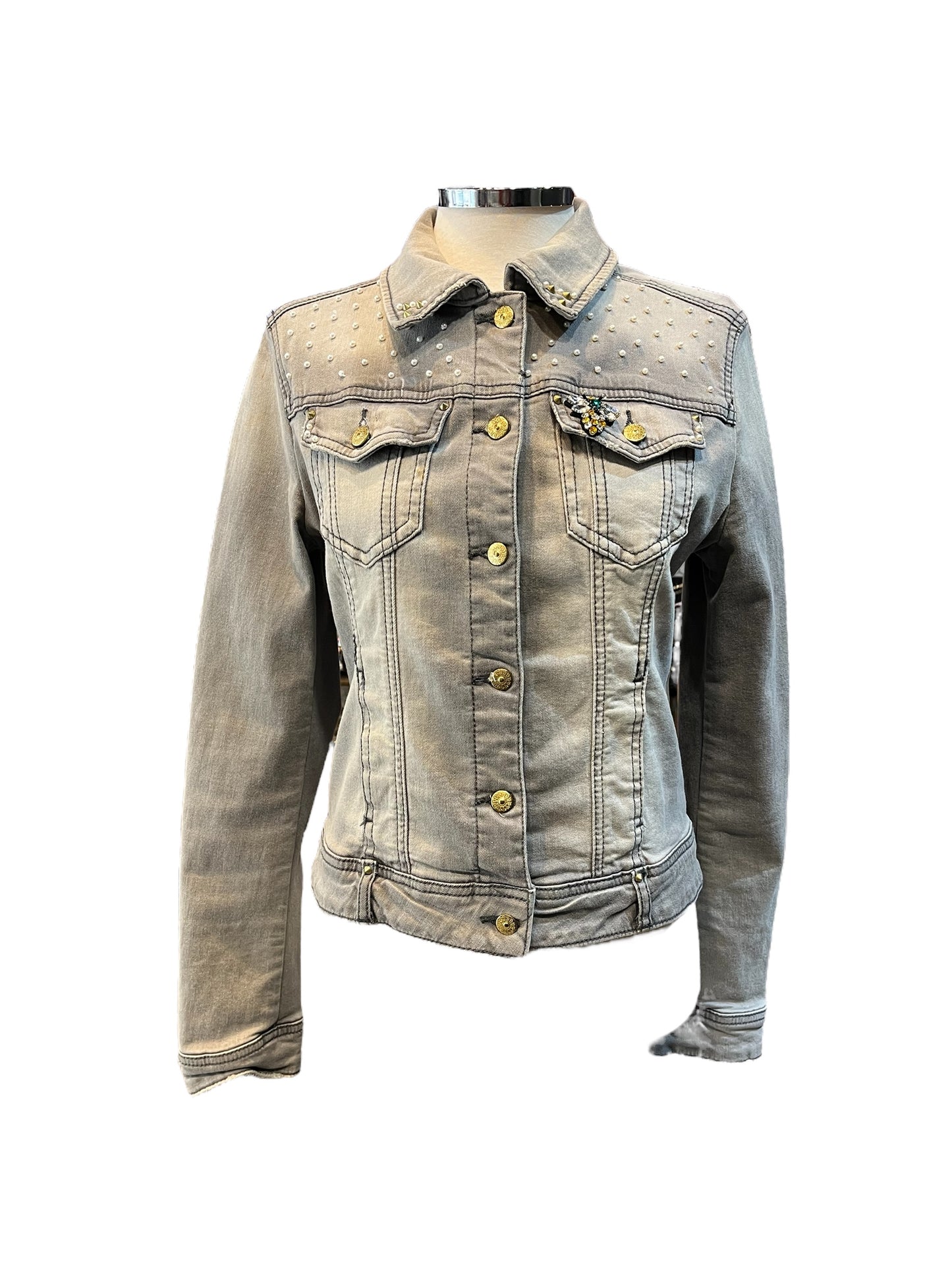 Chaqueta vaquera gris Frida con flores y pedreria