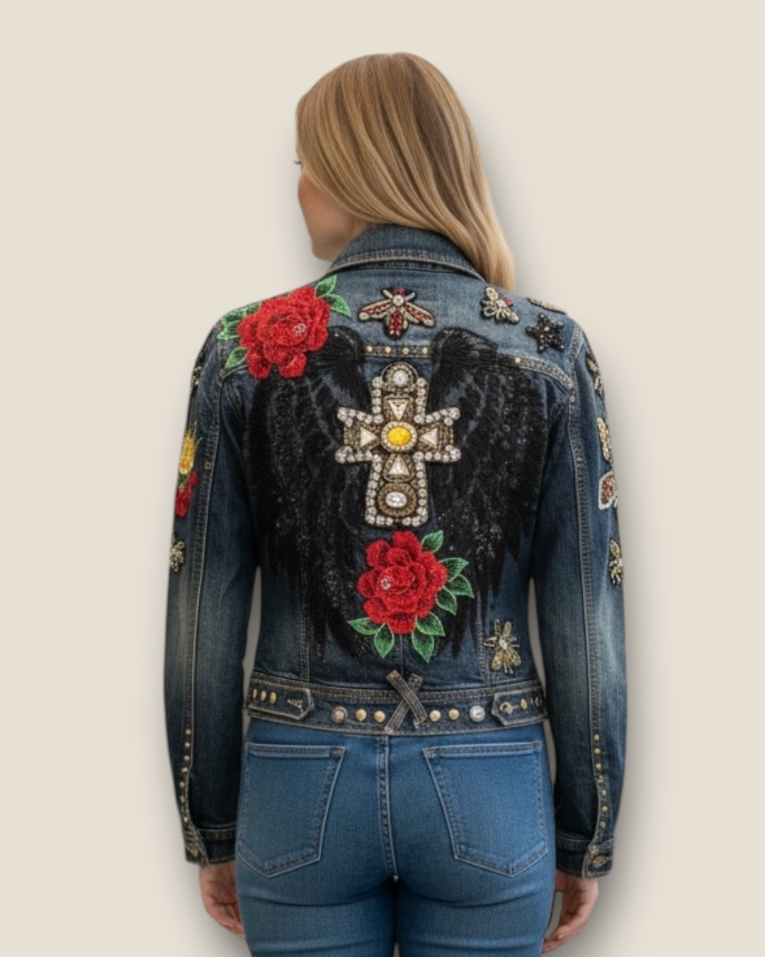 Chaqueta vaquera alas negras y multitud de parches