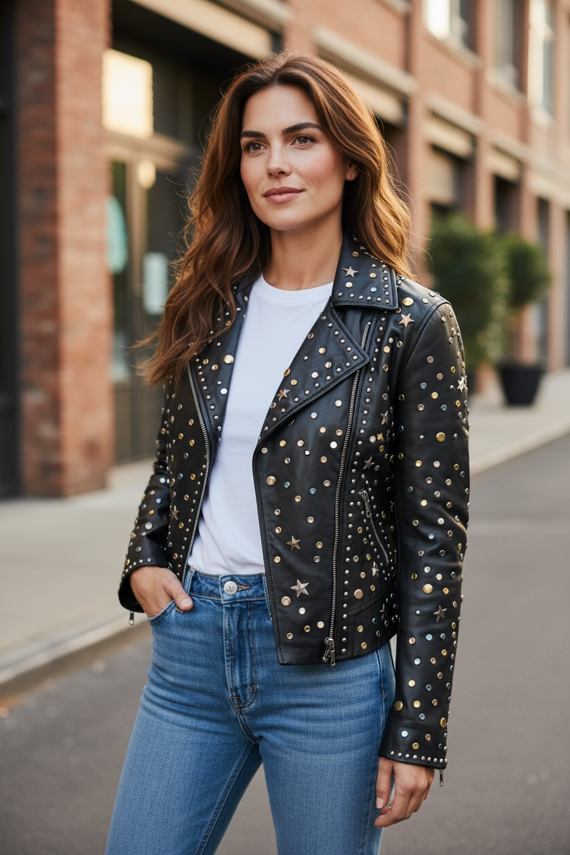 Biker piel con Remaches y tachuelas strass