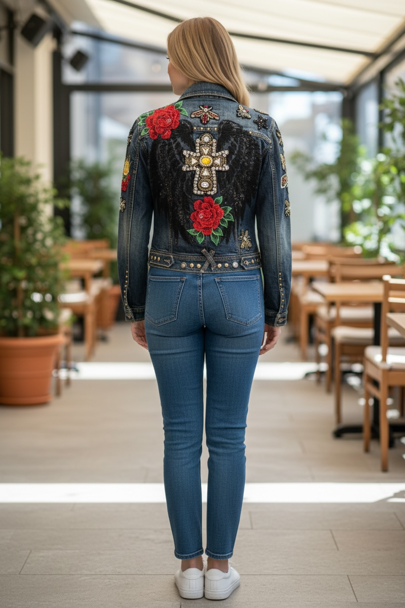 Chaqueta vaquera alas negras y multitud de parches