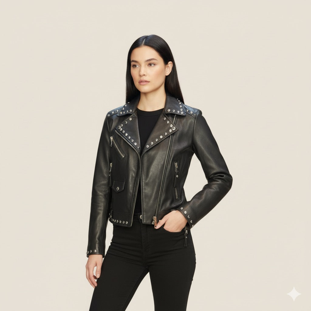Biker cuero con cruz de pedrería y remaches