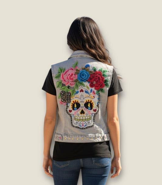 Chaleco calavera catrina con flores
