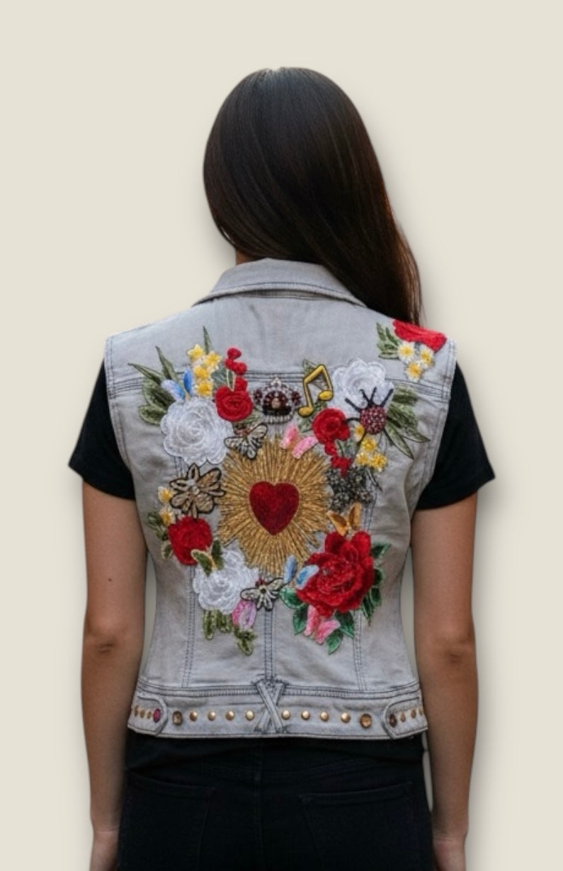 Chaleco Vaquero con flores y sagrado corazón
