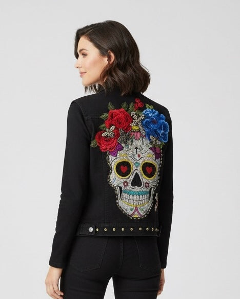 Chaleco negro calavera catrina y flores