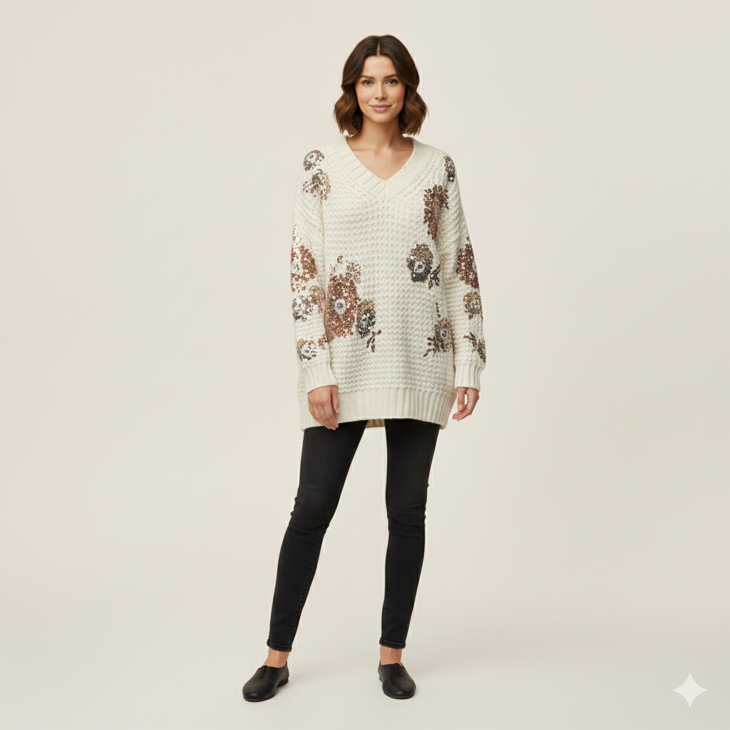 Suéter texturizado con flores de lentejuelas