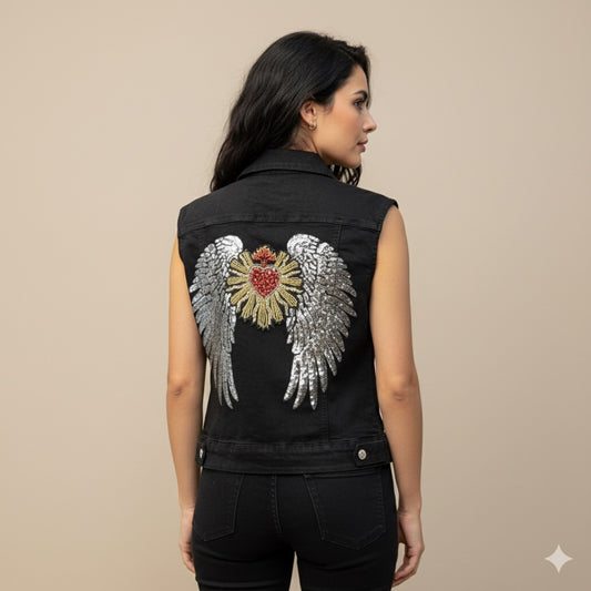 Chaleco vaquero negro con alas y sagrado corazón