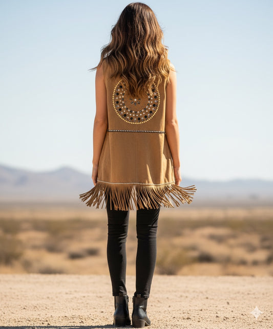 Chaleco de Ante Marrón con Mandala de Tachuelas y Flecos