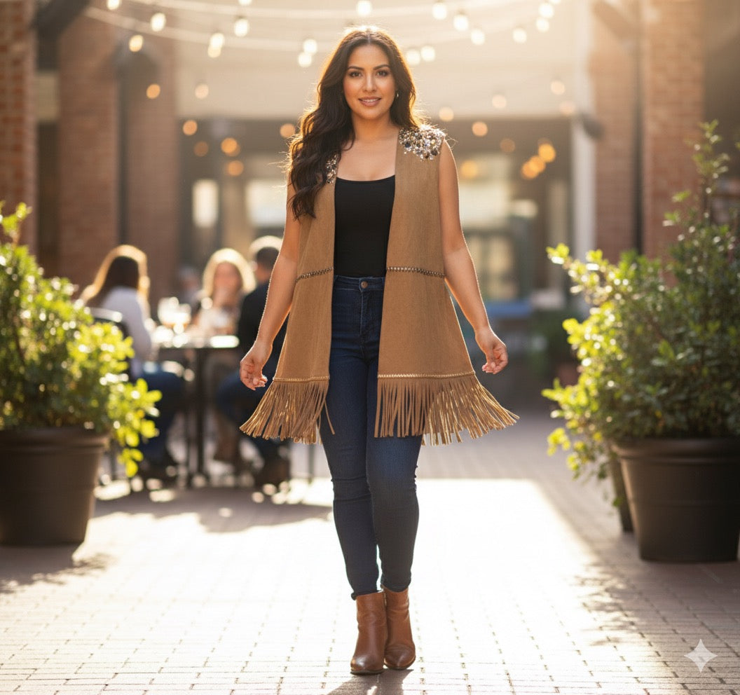 Chaleco de Ante Marrón con Mandala de Tachuelas y Flecos