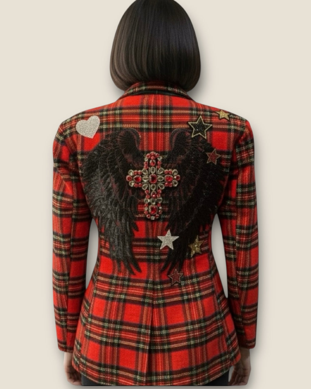 Chaqueta blazer escocesa con alas y cruz de pedrería