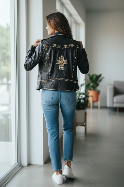 Biker piel customizada con cruz de pedrería y remaches