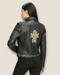 Biker cuero con cruz de pedrería y remaches