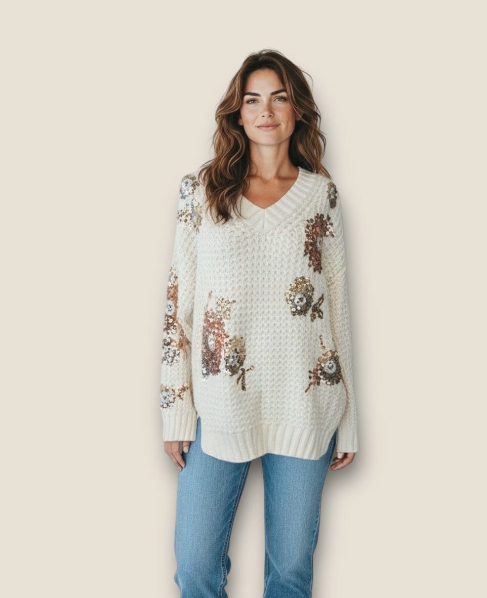 Suéter texturizado con flores de lentejuelas