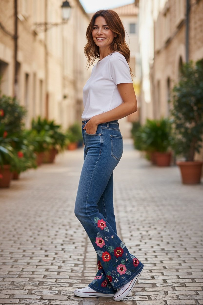 Pantalón bordado artesanalmente con flores