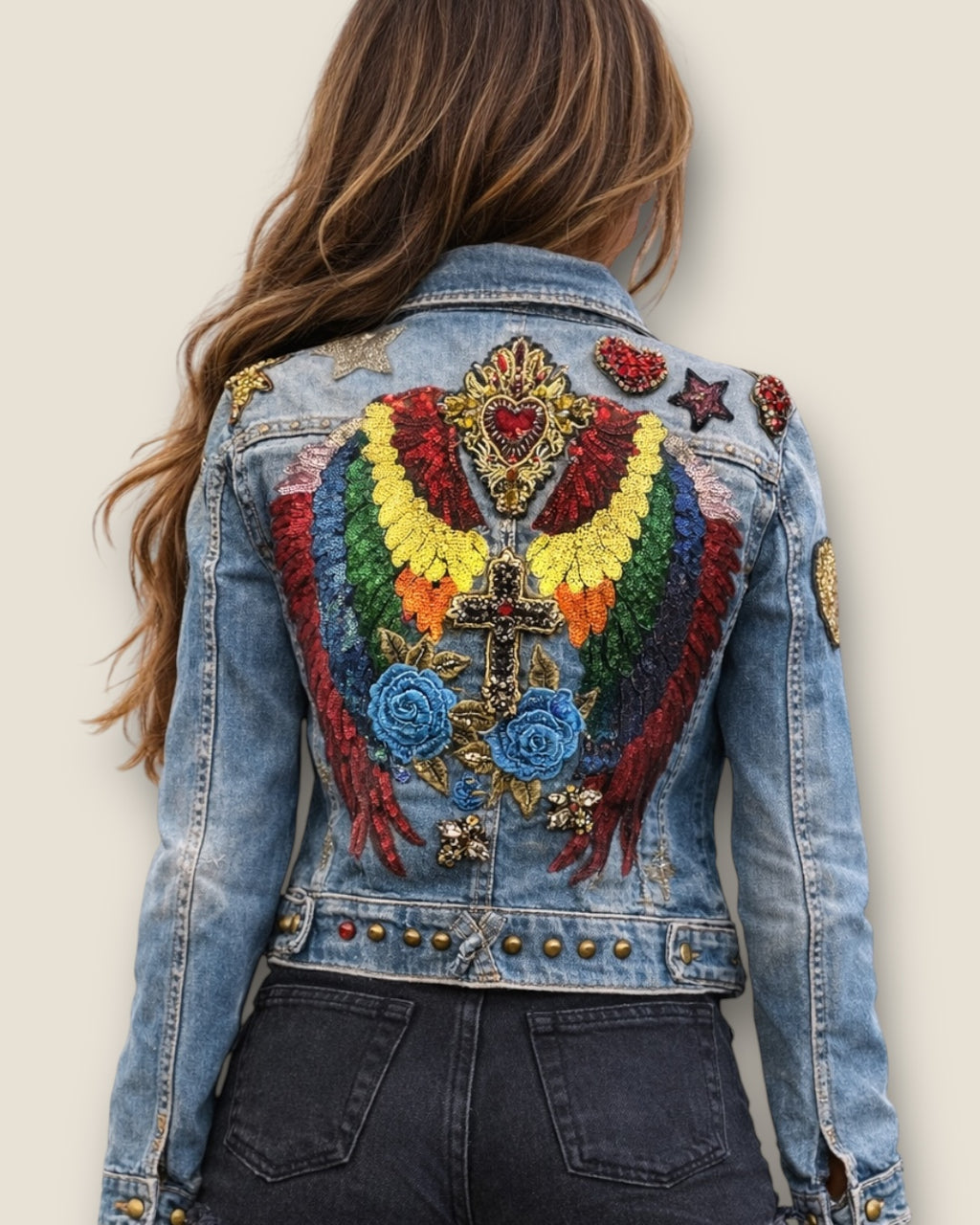 Chaqueta Alas multicolor y parches pedreria