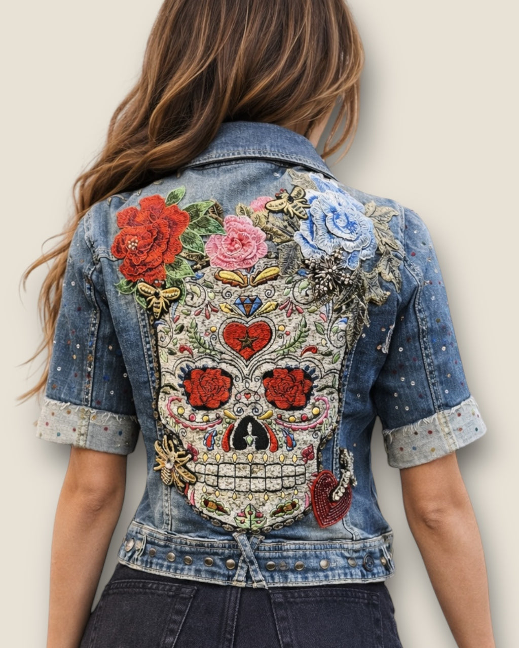 Chaqueta vaquera con calavera y gran cantidad de parches bordados y pedrería