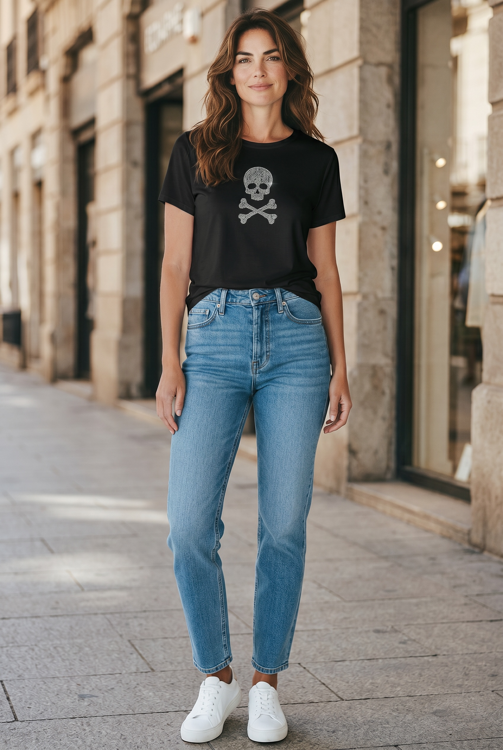 Camiseta calavera con tibias strass